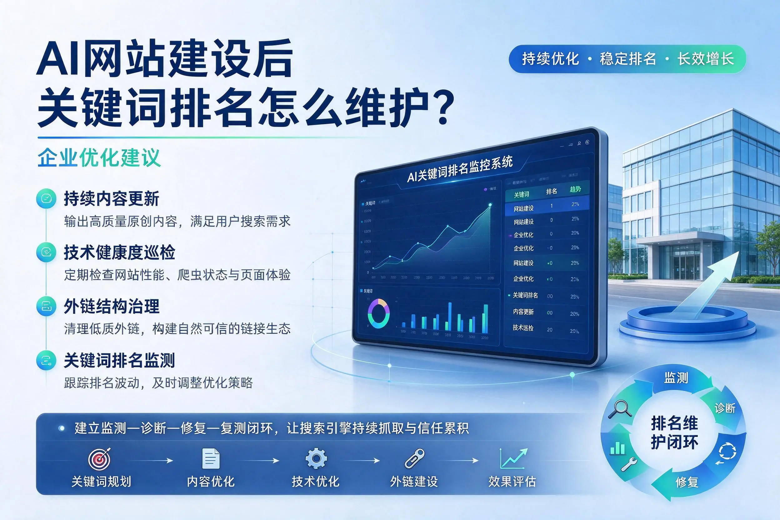 AI网站建设后关键词排名怎么维护？开封企业优化建议